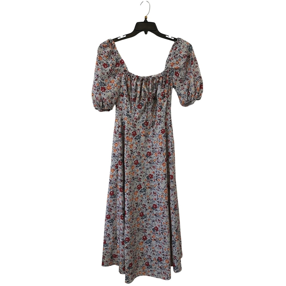 Hujoin Floral Milkmaid Midi Dress Small Grey Red Puff Sleeve Boho Coquette